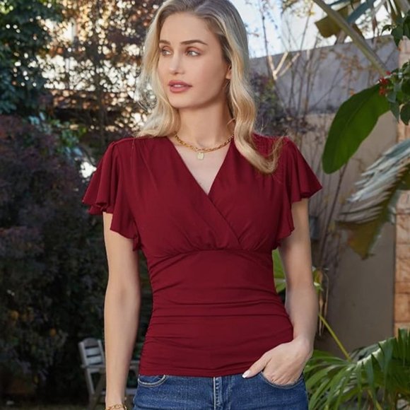 Grace Karin Flutter Sleeve Surplice Wrap Blouse - Picture 1 of 6